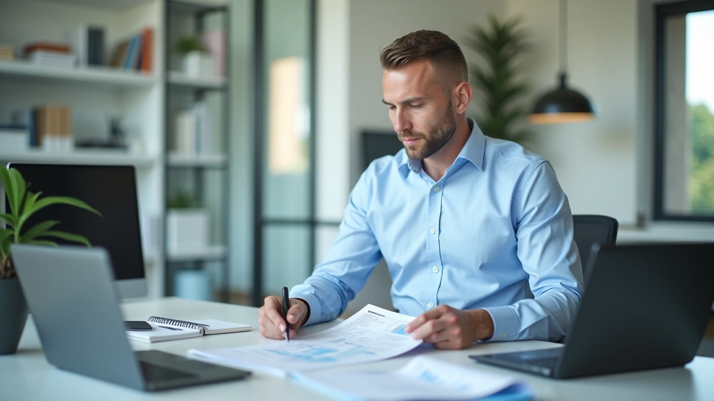 Business analyst reviewing comparable company data and valuation multiples for benchmark analysis